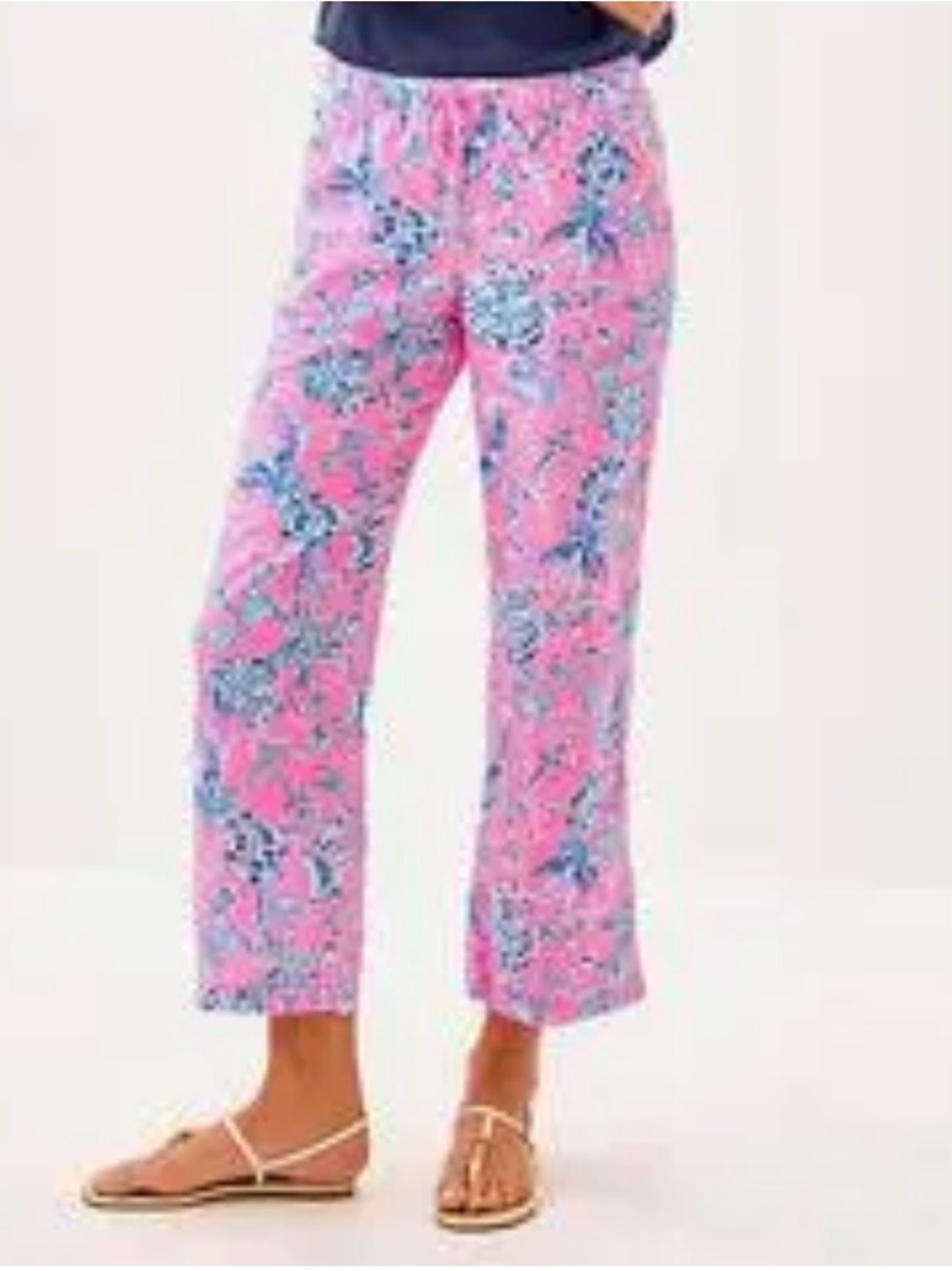 Lilly Pulitzer NWT Rousseau Pink Brawley Linen crop pant, Lagoon Linen